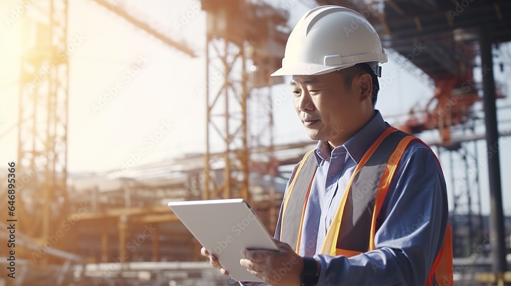 Civil engineering or construction worker using tablet in construction site Civil engineering or construction worker using tablet in construction site