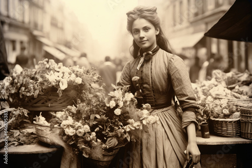Nostalgia for old Paris: Old photo of young pretty French woman with flowers, 18th century photo
