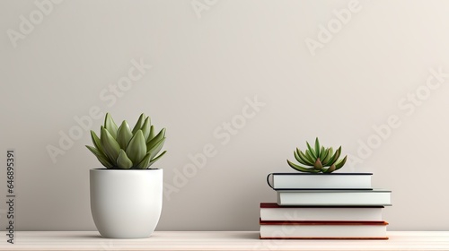 3d display with succulent in vase, white books on wooden table. for product advertising.