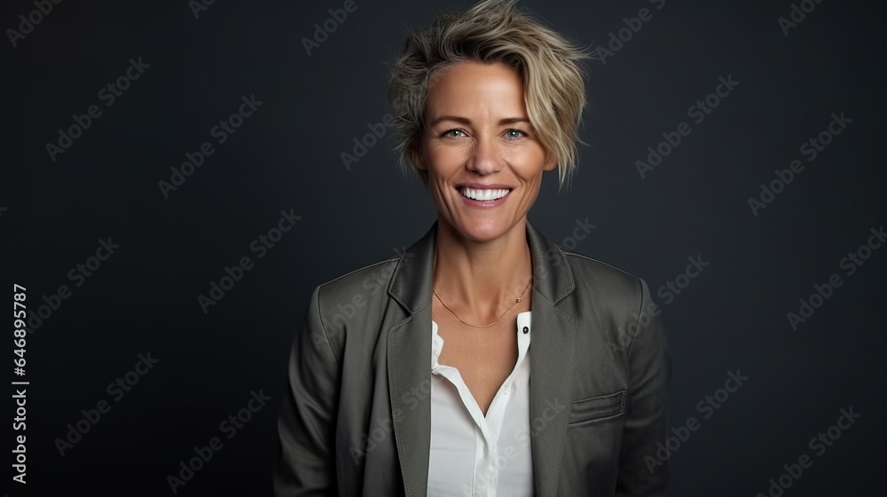 Senior business woman standing crossed arm and looking at camera on gray background Senior business woman standing crossed arm and looking at camera on gray background