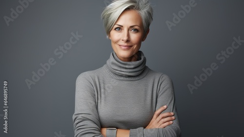 senior woman stands with her arms crossed and looks at the camera on a blue background