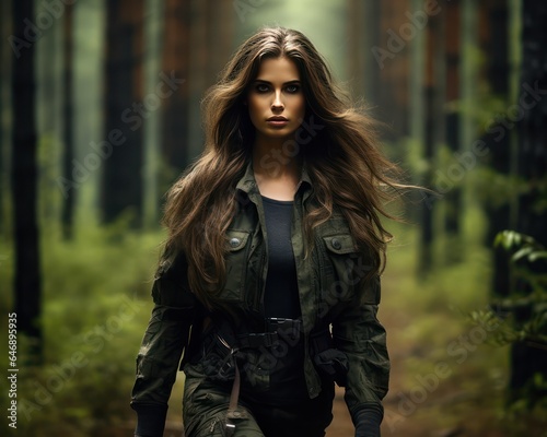A Beautiful Russian Actress Wearing Tactical Clothing during her movie shoot in forest blurred background portrait style 