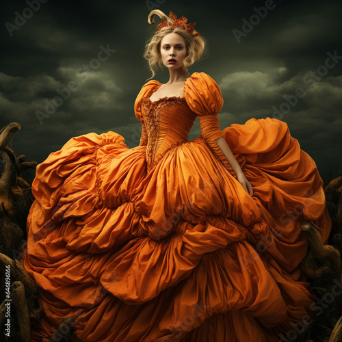 Young blondr woman wearing orange dress in shape of pumpkin. Halloween fashion concept. Halloween costumes