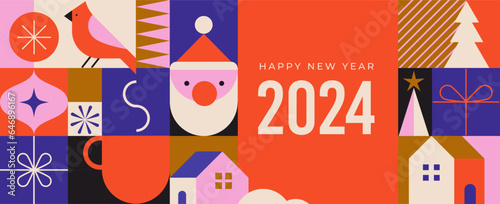 Simple Christmas background, elegant geometric minimalist style. Happy new year banner. Snowflakes, decorations and Xmas trees elements. Retro clean concept design