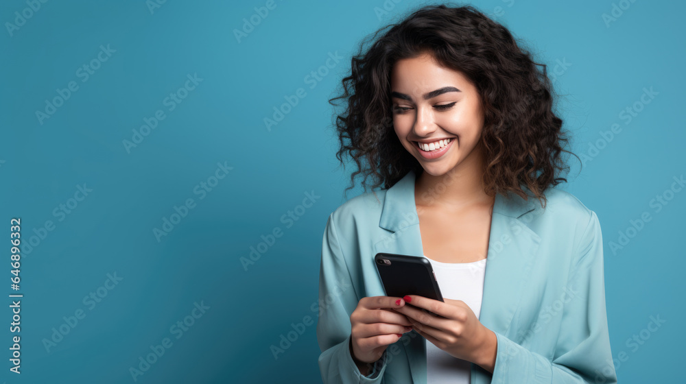 Happy smiling young woman is using her phone on a colored background.