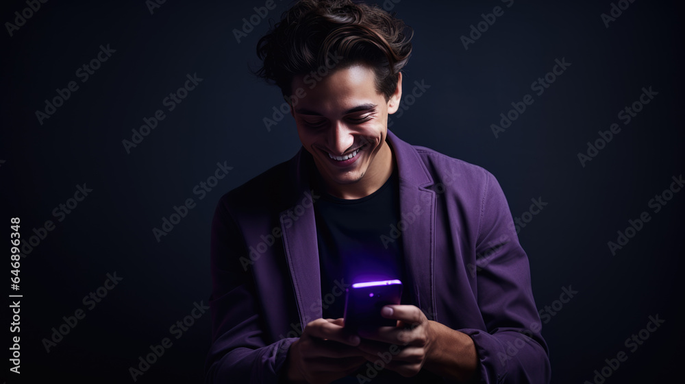 Happy smiling young man using his phone on a colored background. Happy smiling young man using his phone on a colored background.