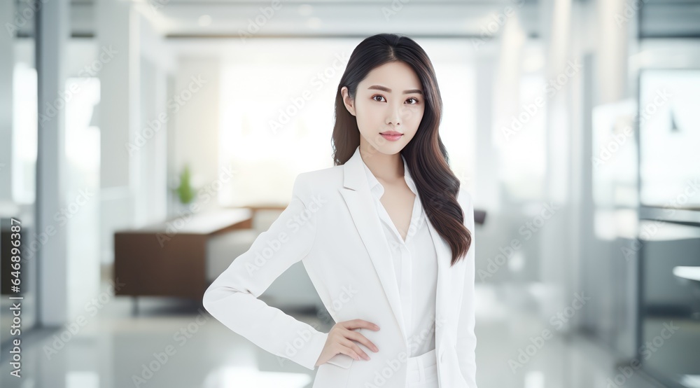 Asian Female Celebrity Business Women confidently posing in White Suit Asian Female Celebrity Business Women confidently posing in White Suit