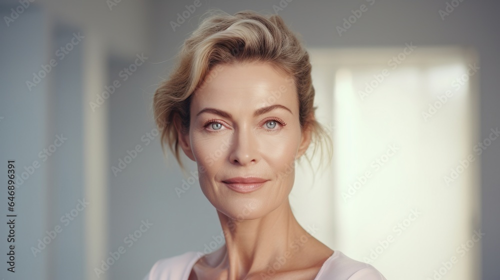 Smiling blonde woman with clean, natural beauty in a studio portrait, showcasing her glamorous hairstyle, radiant skin, and captivating makeup Smiling blonde woman with clean, natural beauty in a studio portrait, showcasing her glamorous hairstyle, radiant skin, and captivating makeup