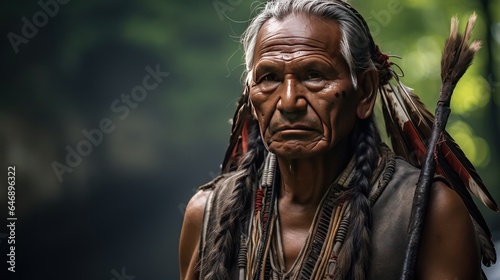 A Portrait of native Indian man wearing old fashioned clothes ready to hunt standing in blurred forest background 
