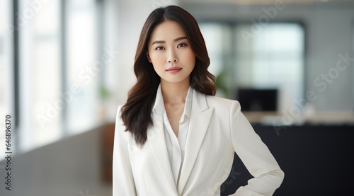 Asian Female Celebrity Business Women confidently posing in White Suit
