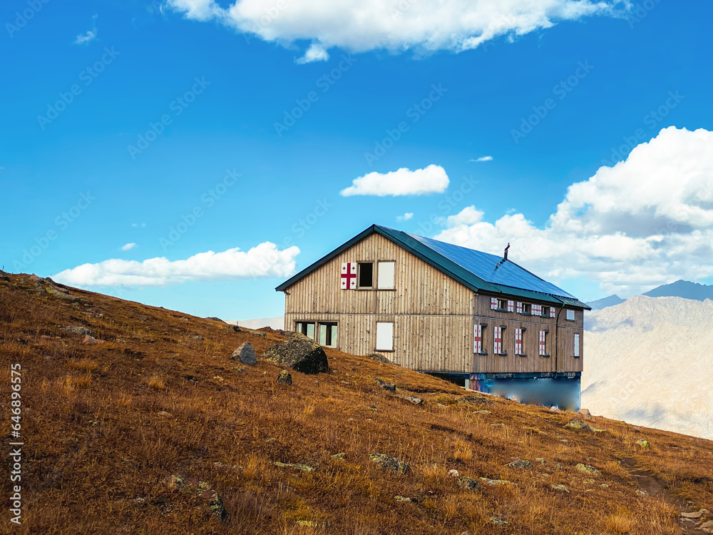 Alti Hut with sky view on kazbegi national park. Famous stay overnight on climb Kazbek mountain Tranquility. Natural remedy. Alti Hut with sky view on kazbegi national park. Famous stay overnight on climb Kazbek mountain Tranquility. Natural remedy.