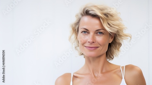 Smiling blonde woman with clean, natural beauty in a studio portrait, showcasing her glamorous hairstyle, radiant skin, and captivating makeup