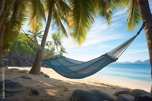 Hammock hanging between palm trees on a tropical beach. Beautiful blue sky and sea background. Holidays and vacation travel concept.