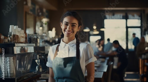 A Female Student Barista smiling and standing in coffee shop