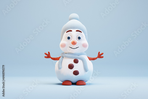 Cute cartoon snowman on blue background. 3d render