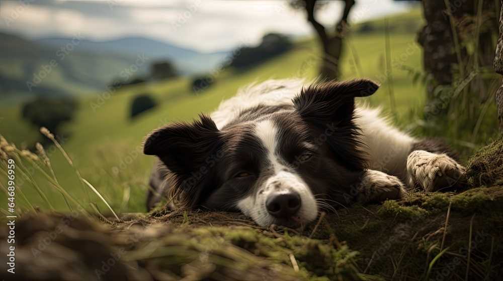 Border Collie taking a nap amidst rolling hills, capturing the essence of countryside serenity.