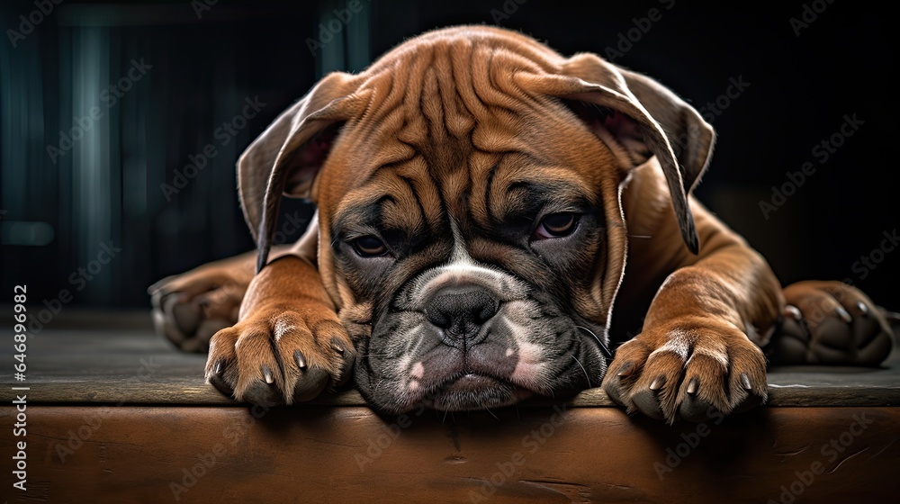 Boxer pup taking a nap, emphasizing the droopy ears and wrinkled face