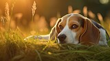 Beagle nestled in tall grass, capturing the innocence of slumber