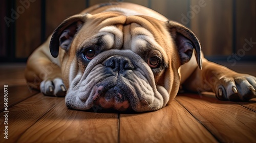 Bulldog lying on a wooden floor, capturing the smooth texture and fur © Filip