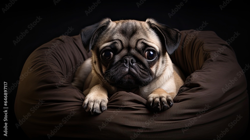 Pug snuggling up in a bean bag, emphasizing the round eyes and curly tail.