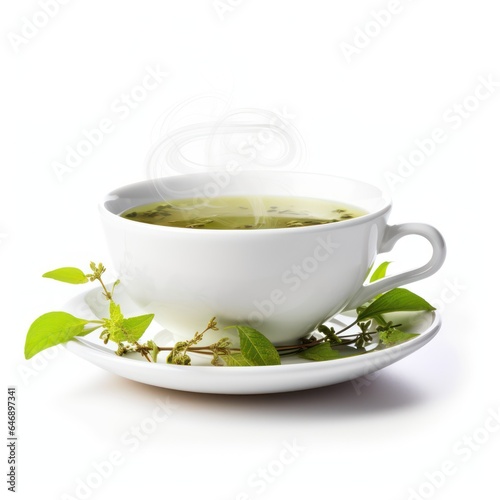 Steaming Herbal Tea in Cup and plate Isolated on white background