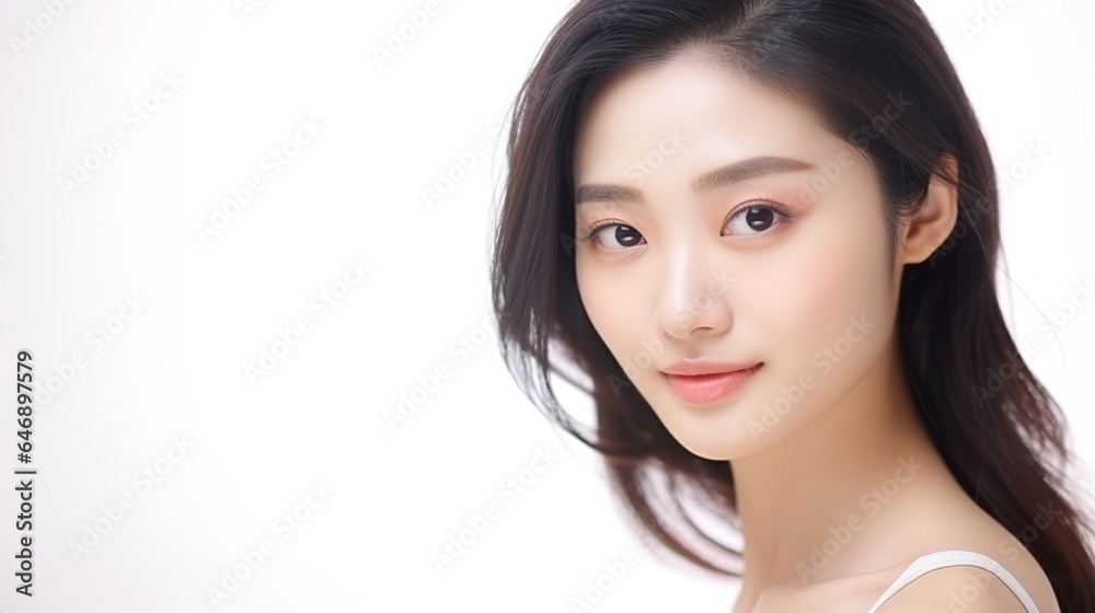 Beautiful young Asian woman with clean fresh skin on white backdrop, with clean fresh skin Face care, facial treatment, commercial concept. Beautiful young Asian woman with clean fresh skin on white backdrop, with clean fresh skin Face care, facial treatment, commercial concept.