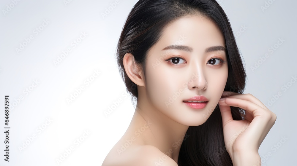 Beautiful young Asian woman with clean fresh skin on white backdrop, with clean fresh skin Face care, facial treatment, commercial concept. Beautiful young Asian woman with clean fresh skin on white backdrop, with clean fresh skin Face care, facial treatment, commercial concept.