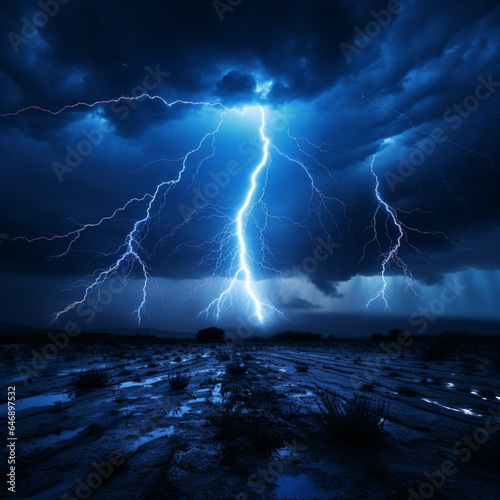 Fondo con detalle de paisaje de terreno desertico, con poca vegetación , cielo de tormenta y rayos de tonos azules