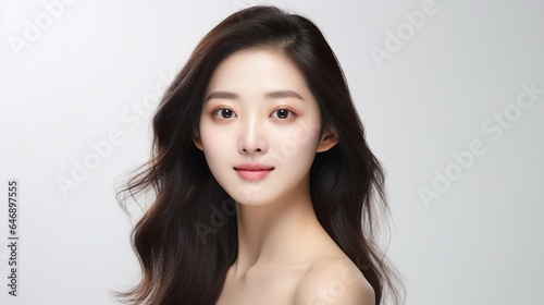 perfect fresh clean skin. Young Asian woman and skin care concept. Beige background.