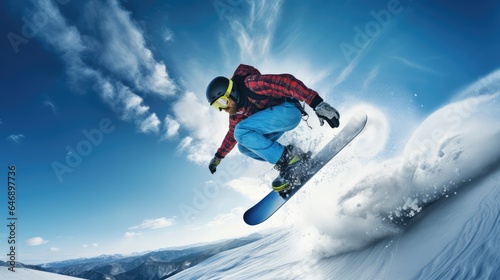 Snowboarder jumping with deep blue sky in background. Winter sport background