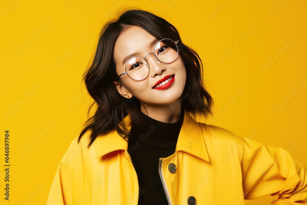 Asian Woman with Glasses on a Yellow Background - Fashion Model Asian Woman with Glasses on a Yellow Background - Fashion Model