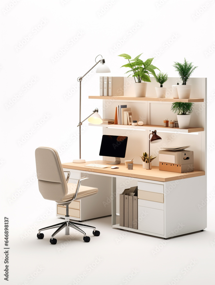 An office desk with a chair isolated on white background. Office equipment is arranged neatly on it. Minimalist style. An office desk with a chair isolated on white background. Office equipment is arranged neatly on it. Minimalist style.