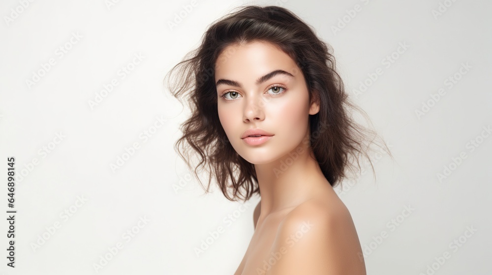Radiant Beauty Portrait: A captivating close-up of a young woman with naturally radiant skin and tousled brunette hair, exuding confidence and effortless elegance. Radiant Beauty Portrait: A captivating close-up of a young woman with naturally radiant skin and tousled brunette hair, exuding confidence and effortless elegance.
