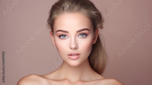 Portrait of young beautiful woman with perfect smooth skin with clean fresh skin. Treatment for the face. Cosmetology, beauty, and spa services.