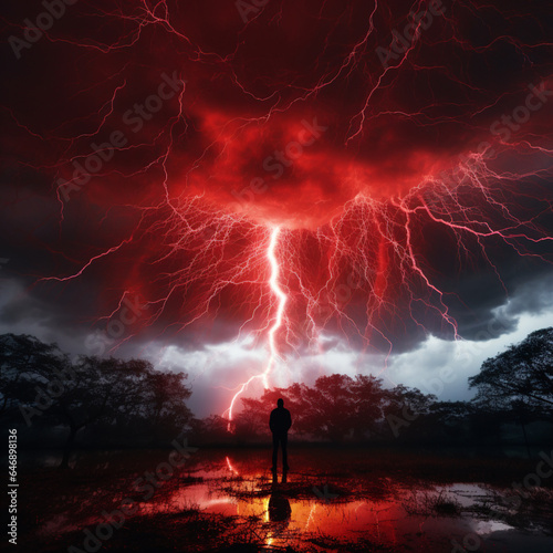 Fondo con detalle de cielo de tormenta, paisaje con vegetación, rayos de color rojo intenso y persona de espaldas contemplando la escena