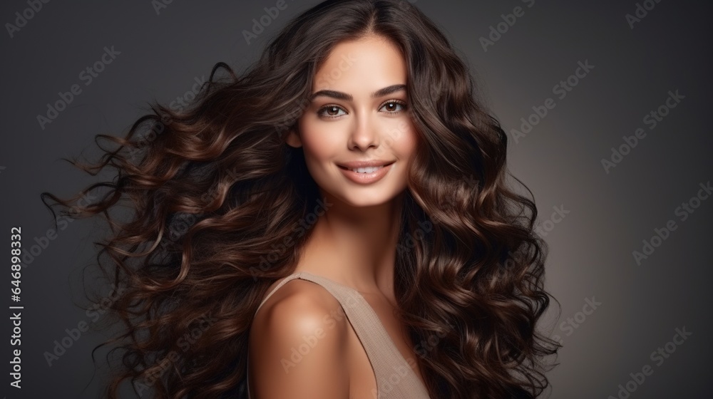 Captivating image featuring a woman with beautiful, curly hair, showcasing a flawless blend of fashion, glamour, and natural beauty in a studio setting Captivating image featuring a woman with beautiful, curly hair, showcasing a flawless blend of fashion, glamour, and natural beauty in a studio setting