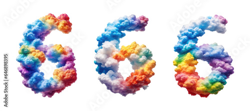The number six 6 made of colorful colors photo realistic clouds are rainbow colors. 
The background is transparent.
