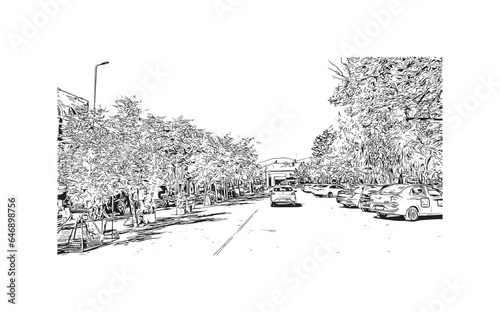 Building view with landmark of Salta is a provincial capital in northwestern Argentina. Hand drawn sketch illustration in vector