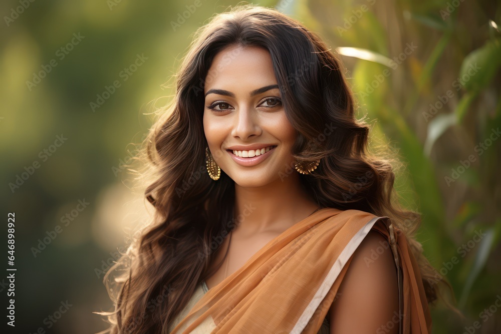 A portrait of Beautiful Indian Woman in saree Smiling Outdoor photoshoot 