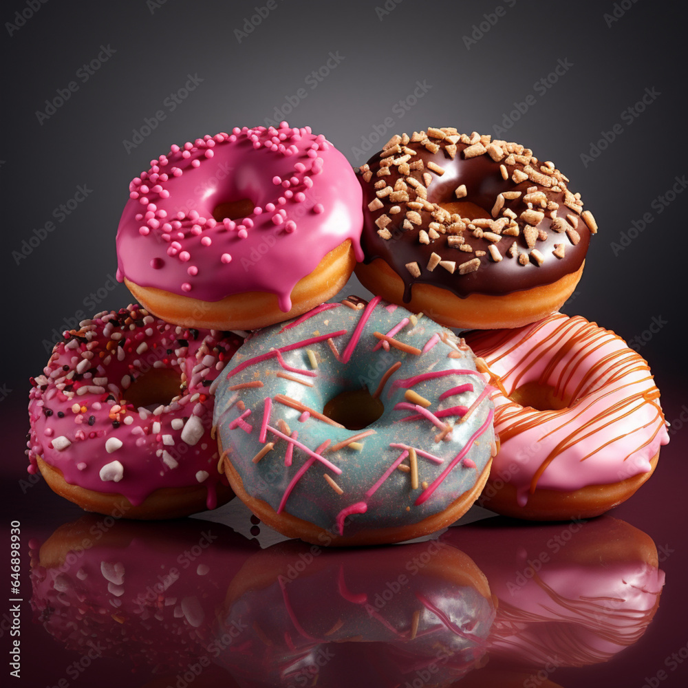 Fondo con detalle y textura de varias rosquillas con chocolate y azucar de color rosa Fondo con detalle y textura de varias rosquillas con chocolate y azucar de color rosa