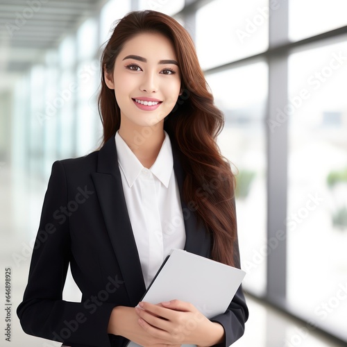 A Confident Japanese Girl in Suit in office daylight photoshoot