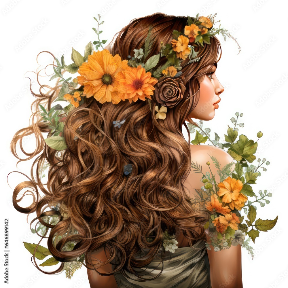 Naklejka premium Beautiful Woman with Beautiful floral Hair in Boho Style Clipart