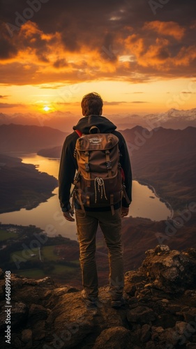young man with his backpack climbing mountains to camp in nature, watching the sunset in the distance