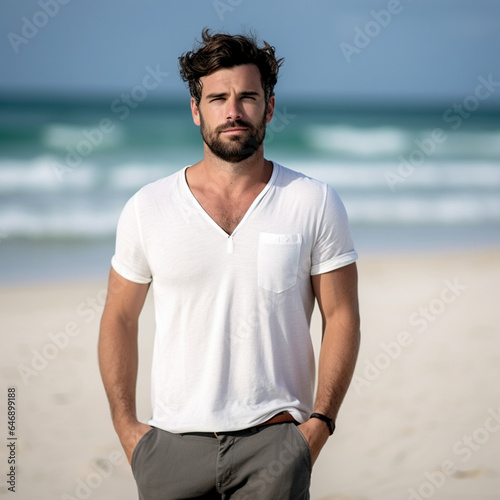 Fondo con detalle de hombre atractivo de pelo moreno, con barba corta, ropa comoda, paseando por la playa