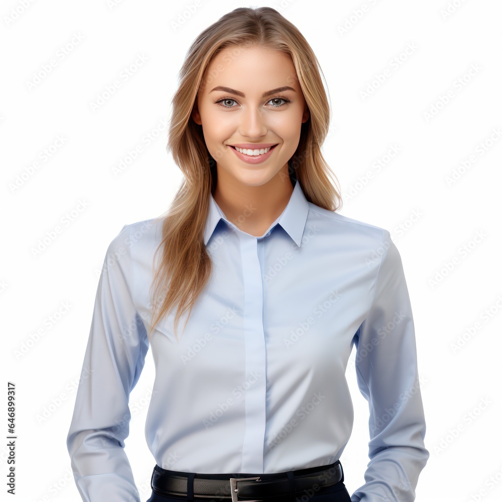 Beautiful White Female Model Dressed as Office Worker Smiling in Mid Shot on a White Background Beautiful White Female Model Dressed as Office Worker Smiling in Mid Shot on a White Background
