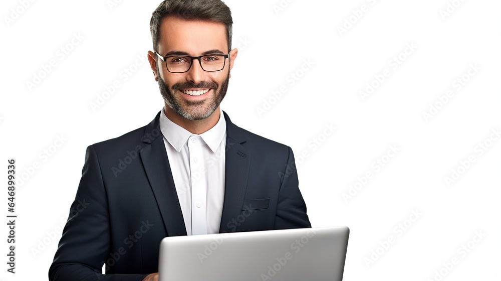 Confident Professional Working on Laptop: A well-dressed man with a charming smile works on his laptop, his confident demeanor radiating success and focus. Confident Professional Working on Laptop: A well-dressed man with a charming smile works on his laptop, his confident demeanor radiating success and focus.