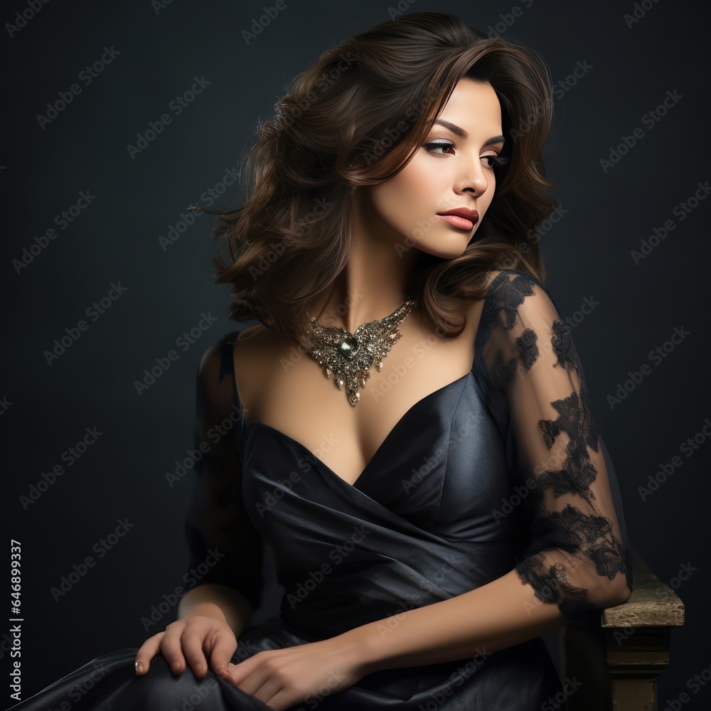 Beautiful Woman in Passionate Pose, Wearing a black Dress and Jewelry Smooth Hair style on black background Beautiful Woman in Passionate Pose, Wearing a black Dress and Jewelry Smooth Hair style on black background