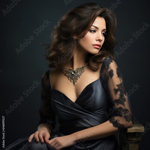 Beautiful Woman in Passionate Pose, Wearing a black Dress and Jewelry Smooth Hair style on black background