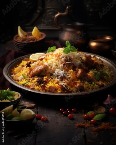 Beautiful Indian non veg biryani in dark background with authentic vibe for commercial shot