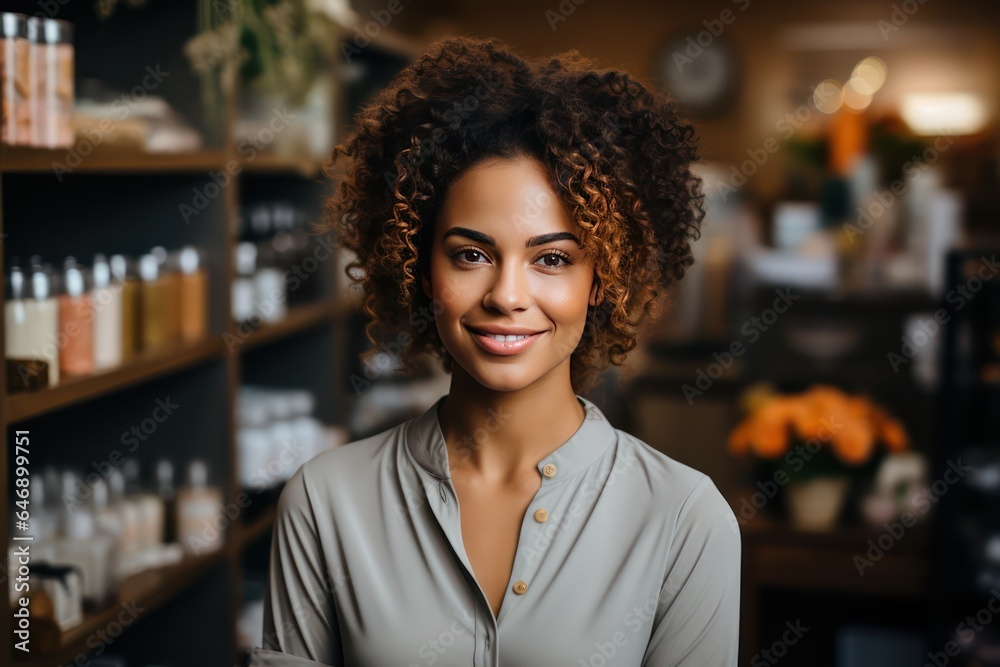 Black Small Business Owner Smiling at the Camera in Her Shop Lighting Bright Black Small Business Owner Smiling at the Camera in Her Shop Lighting Bright